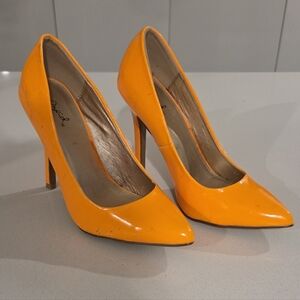 Qupid Bright Orange Patent Pointed-Toe Stiletto Pumps